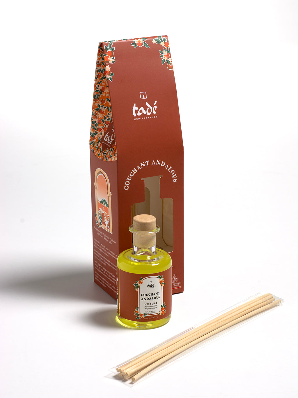 Tade Geurstokjes neroli scent diffuser with 100ml bottle, natural orange blossom fragrance in a clear glass container