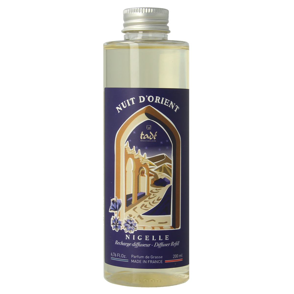 Tade Geurstokjes Nigella navulling, 200ml, scent diffuser refill with aromatic fragrance in a clear bottle.