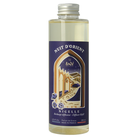 Tade Geurstokjes Nigella navulling, 200ml, scent diffuser refill with aromatic fragrance in a clear bottle.