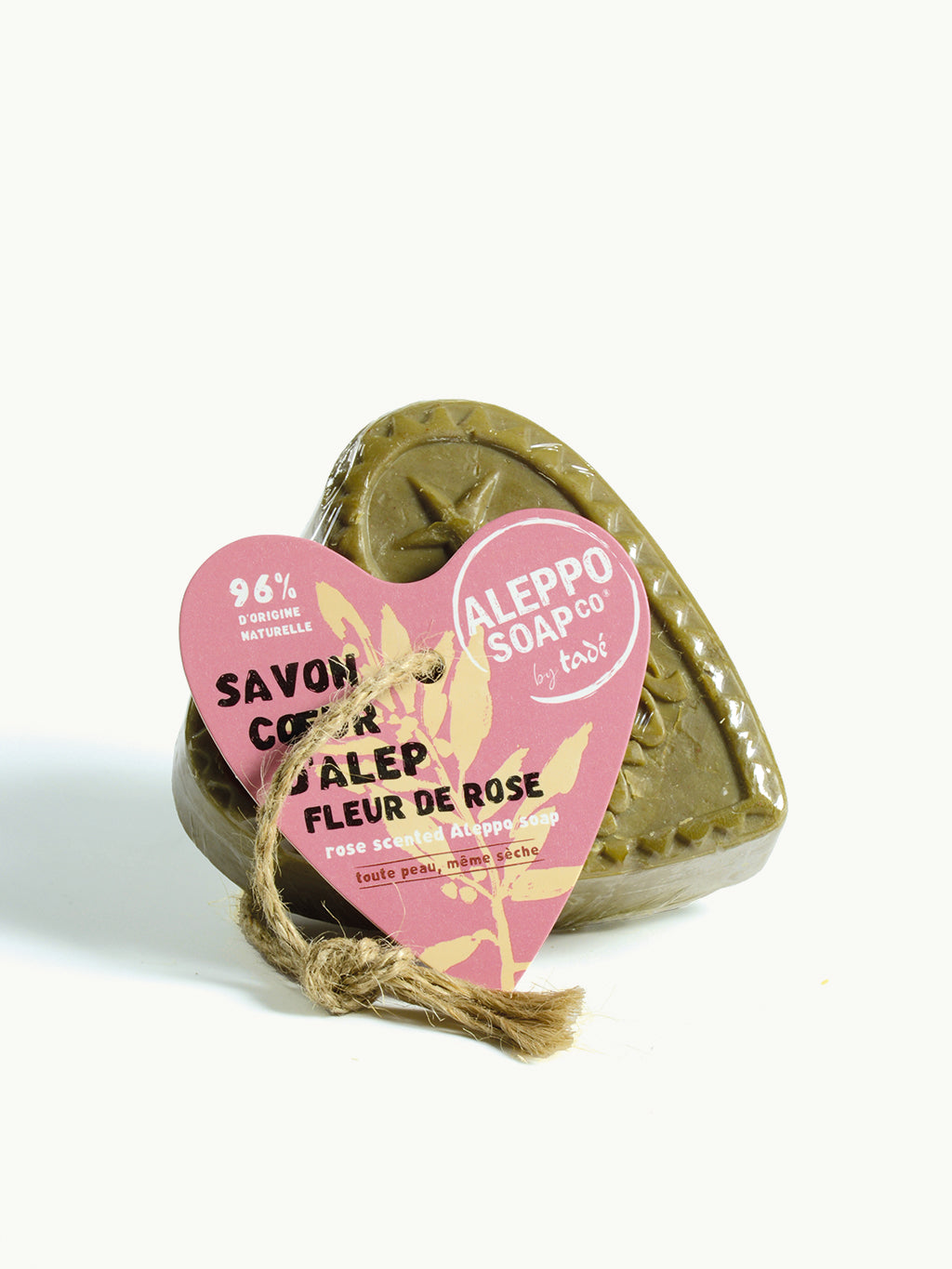 Aleppo Soap Co Savon d'Alep with hart flower of rose, 150g, natural soap featuring rose scent and traditional design with twine.