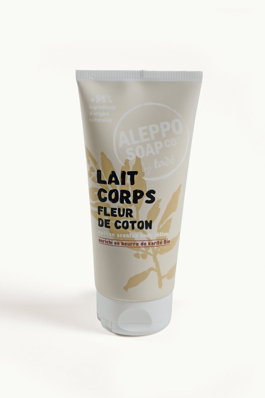 Aleppo Soap Co fleur de coton body lotion in a 200ml bottle, moisturizing body care with a floral cotton scent.