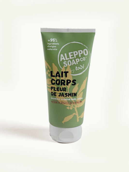 Aleppo Soap Co fleur de jasmin body lotion 200ml, moisturizing body care with jasmine scent, in a sleek bottle.