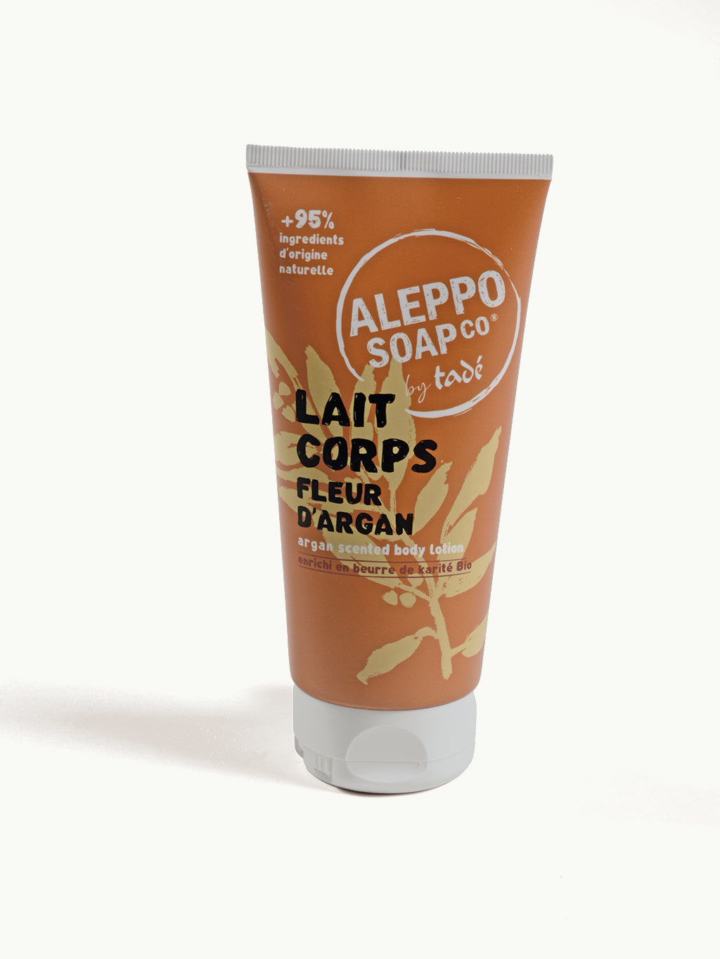 Aleppo Soap Co body lotion with argan flower, 200ml, moisturizing body care product with floral scent.
