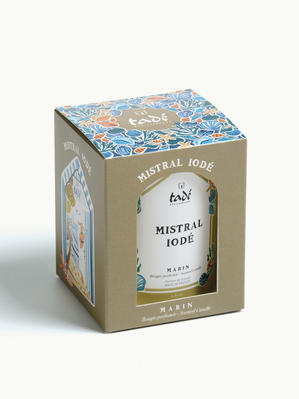 Tade Marin scented candle in 180g glass holder, natural wax with a maritime-inspired design and warm glow.