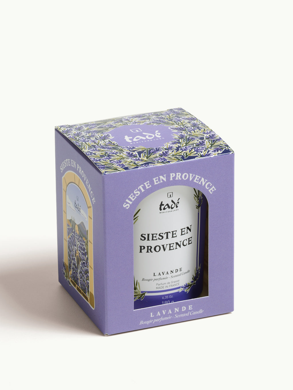 Lavendel Tade geurkaars in 180g glass holder, showcasing a calming lavender scent and elegant design.