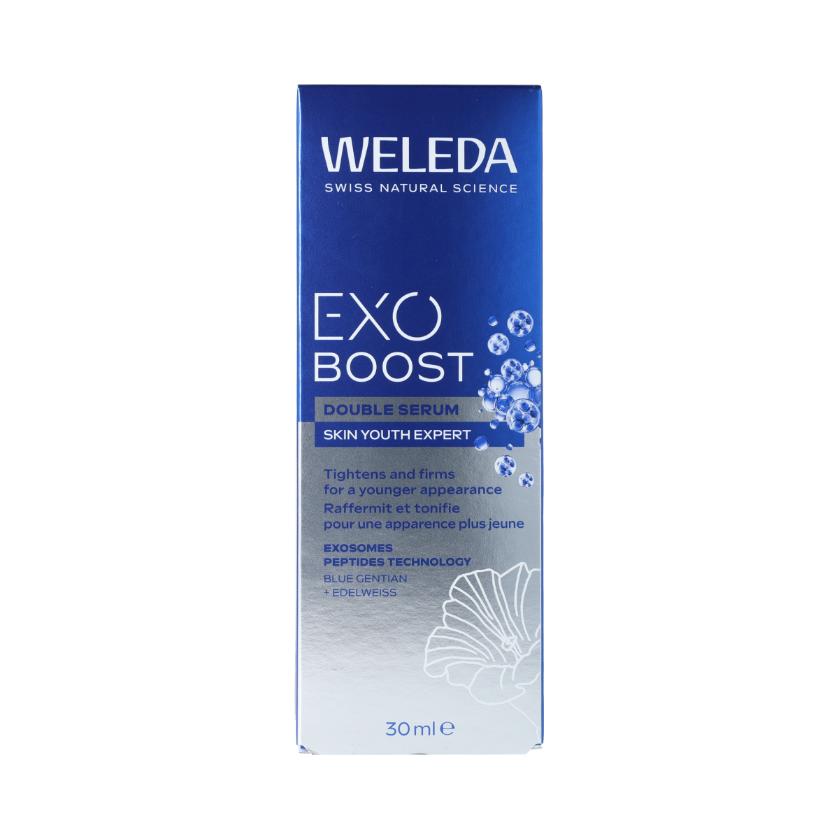 Weleda Exo Boost Double Serum with blauwe gentiaan, 30ml, facial skincare product in a sleek bottle with dropper applicator.