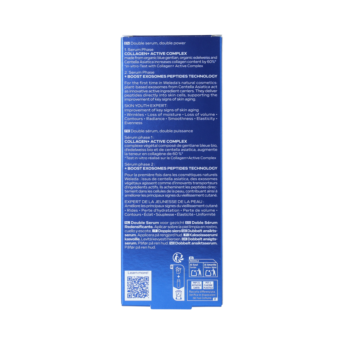 Weleda Exo Boost Double Serum with blue gentian in a 30ml bottle, facial skincare product with a sleek packaging design.