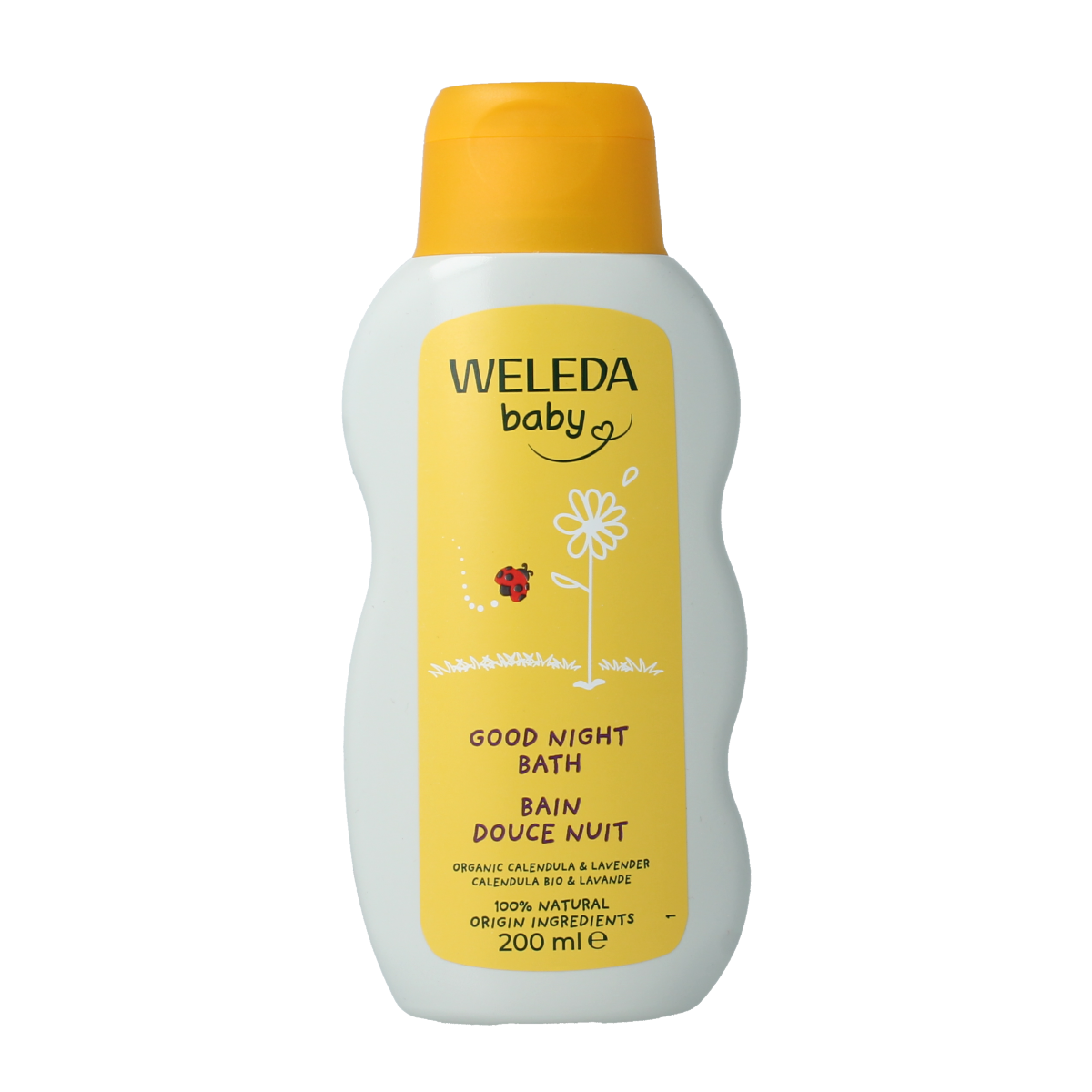 Weleda Calendula Cremebad relaxing bath and shower product in a 200ml bottle, featuring calendula flower imagery.
