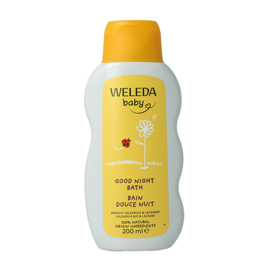 Weleda Calendula Cremebad relaxing bath and shower product in a 200ml bottle, featuring calendula flower imagery.