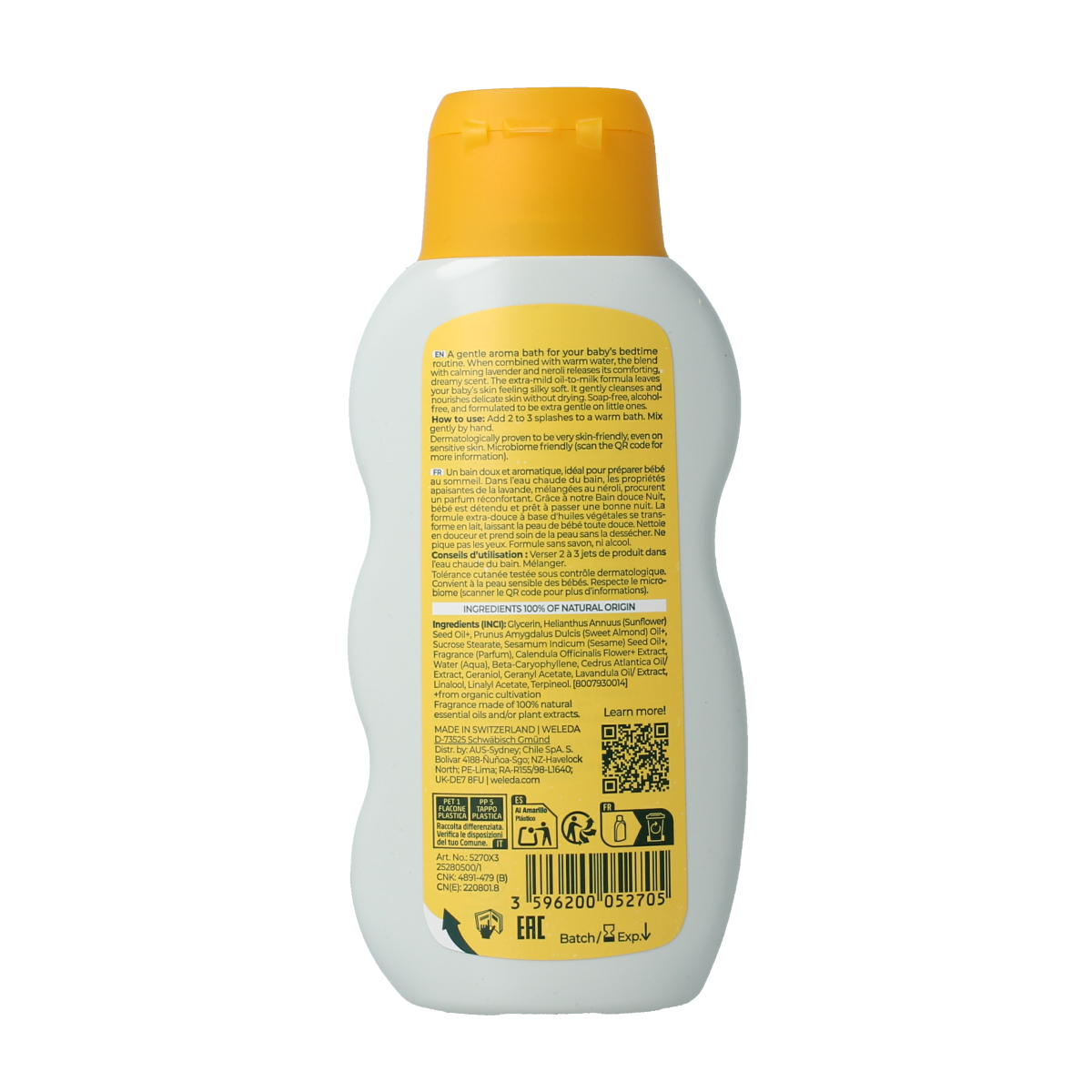 Weleda Calendula Relax Cremebad and Shower Gel in 200ml bottle, featuring soothing calendula for relaxing bath experience.