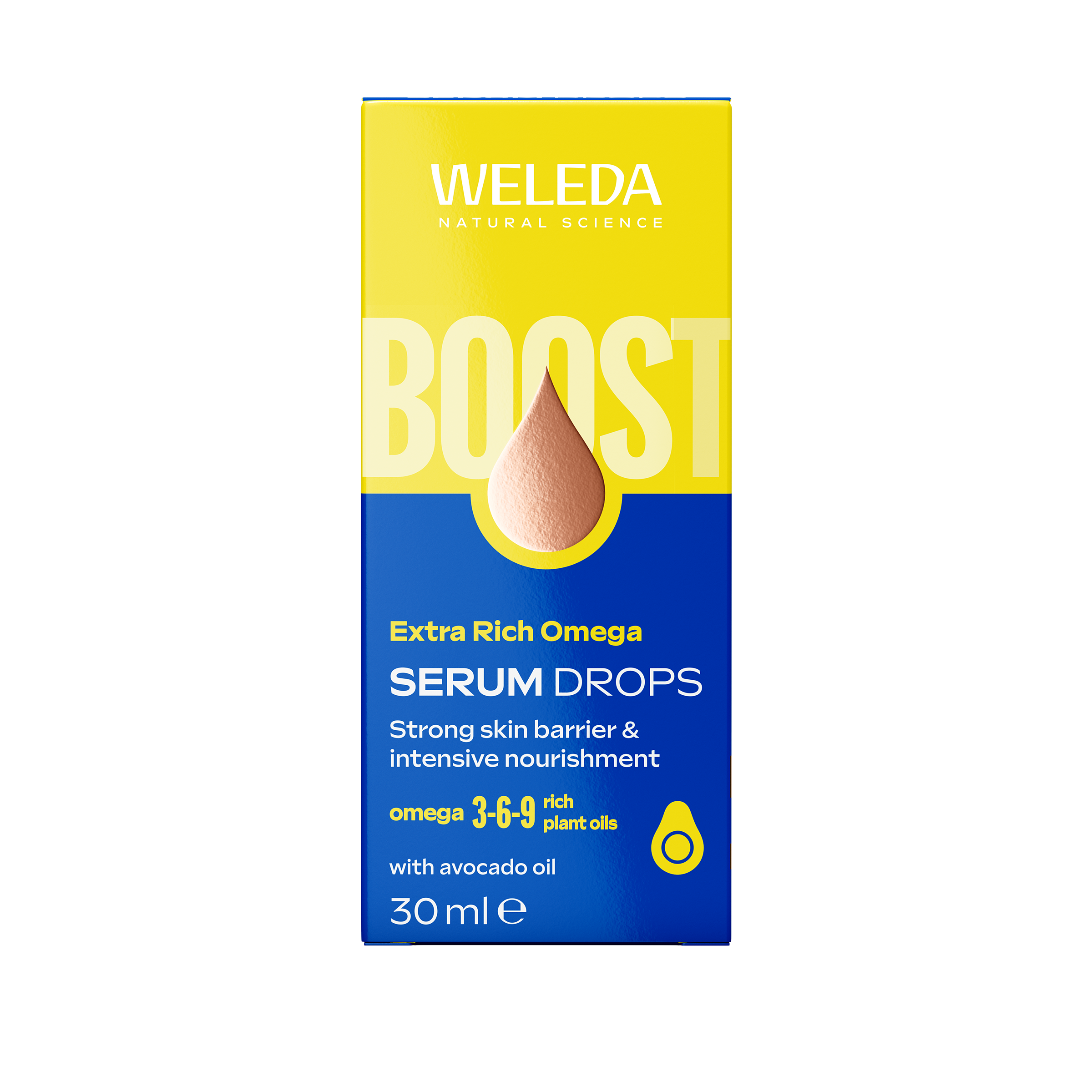 Weleda Omega Boost Serum drops in a 30ml bottle, designed for facial skincare with natural ingredients.