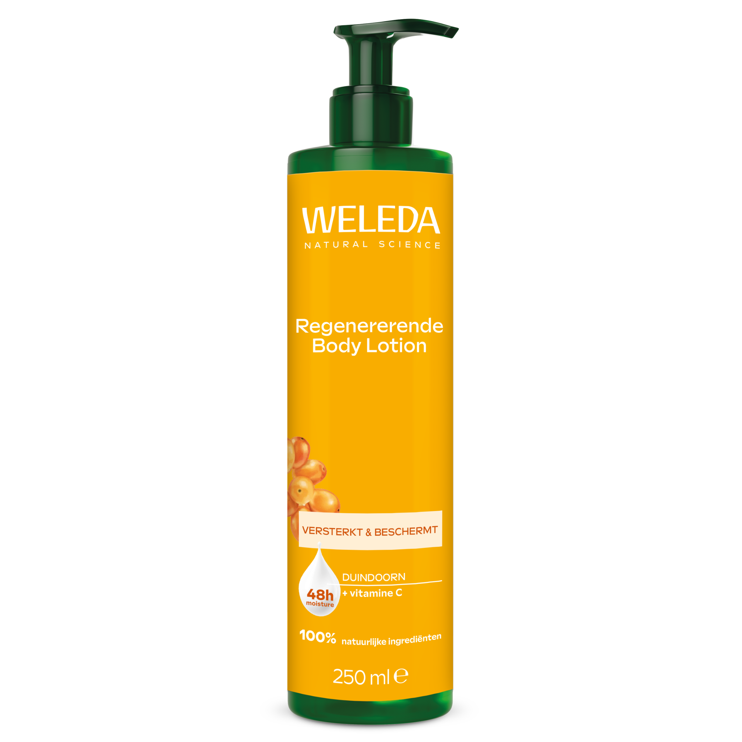 Weleda Duindoorn bodylotion in a 250ml bottle, featuring orange and white packaging, for nourishing body care.