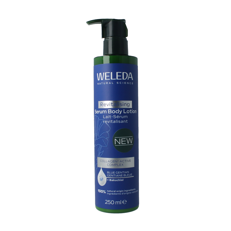 Weleda Blauwe Gentiaan bodylotion in 250ml bottle, moisturizing and soothing body care product with blue floral design.