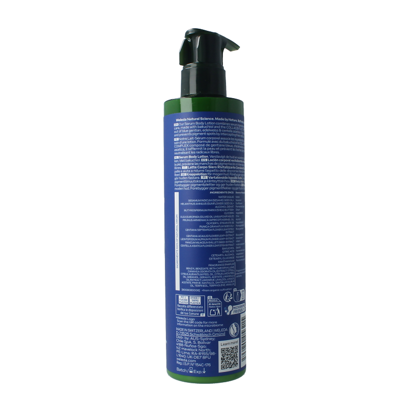 Weleda Blauwe Gentiaan bodylotion in 250ml bottle, natural body care product, creamy texture, blue packaging with floral design.
