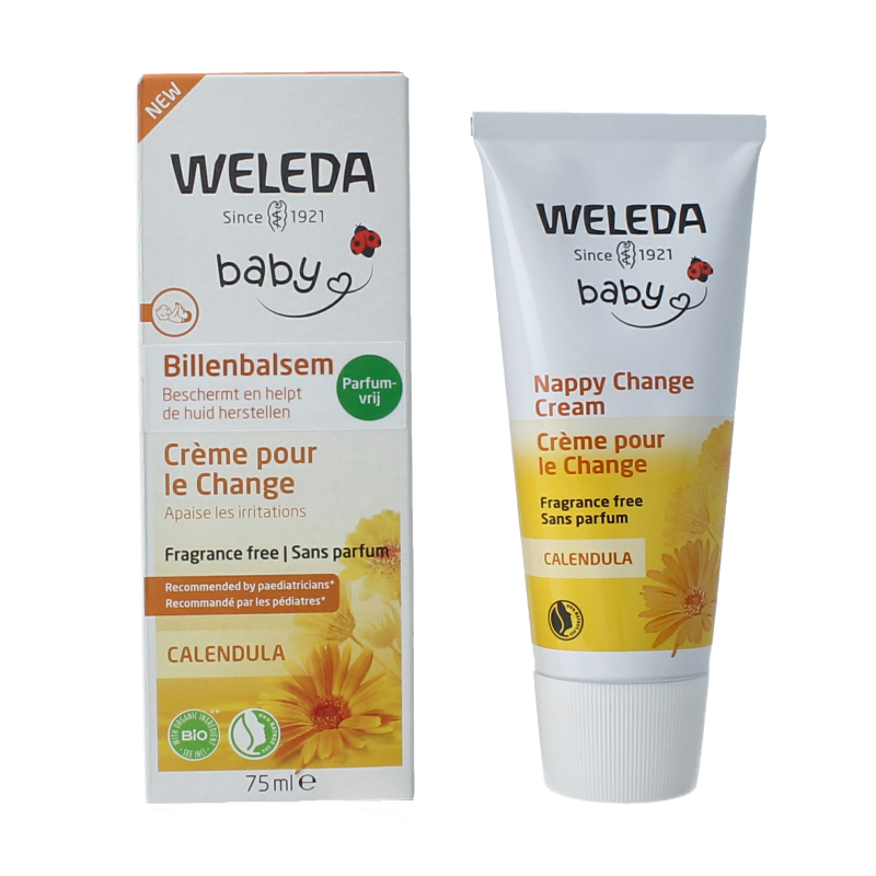 Weleda Calendula baby diaper balm in 75ml, fragrance-free, gentle cream for soothing and protecting delicate baby skin.