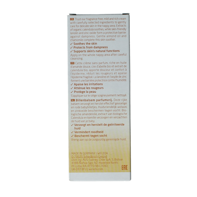 Weleda Calendula baby diaper cream 75ml, fragrance-free, soothing and protective for delicate baby skin, in a white tube.