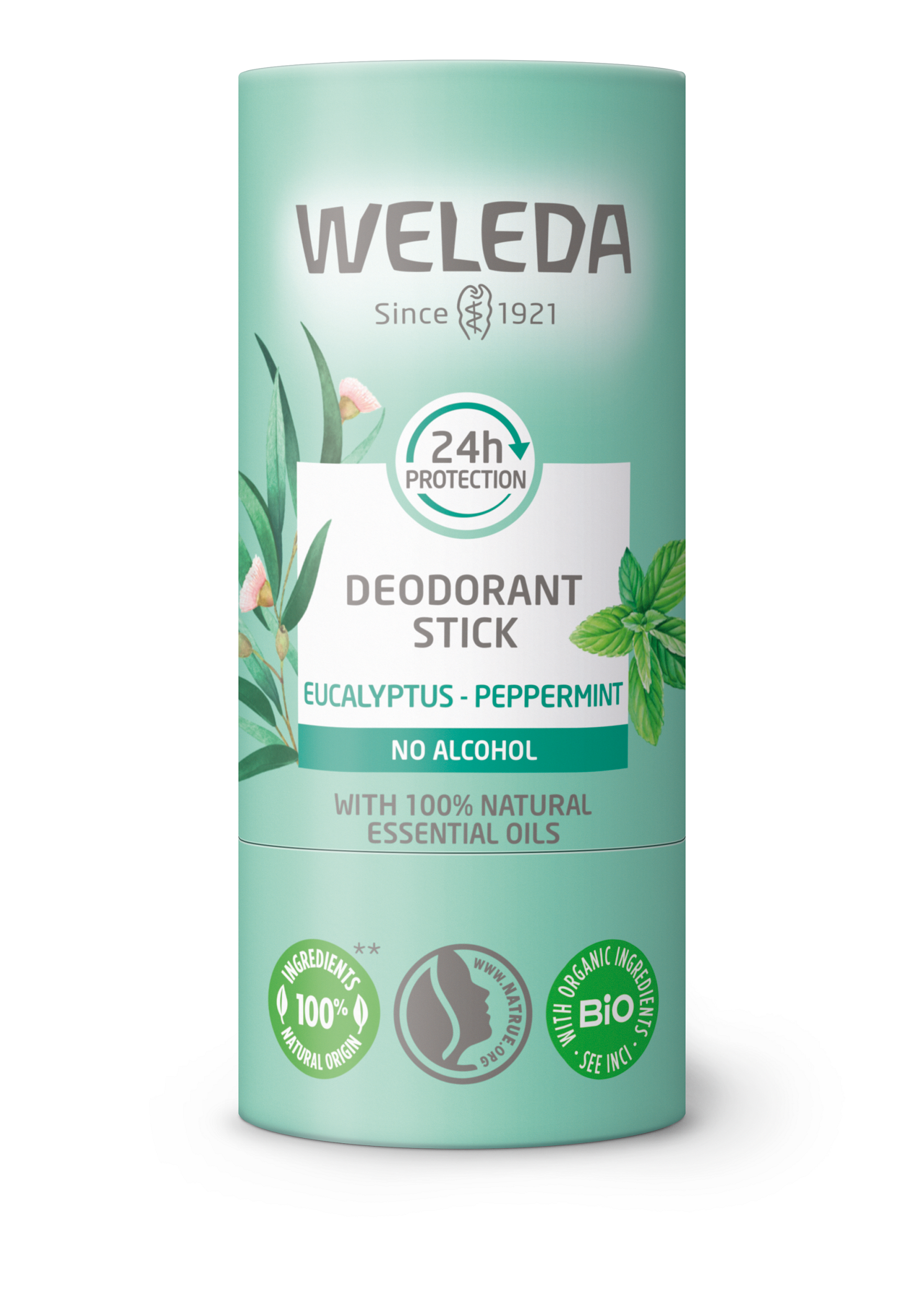 Weleda eucalyptus and peppermint deodorant stick, 50g, natural deodorant with fresh botanical scent, shown in the image.
