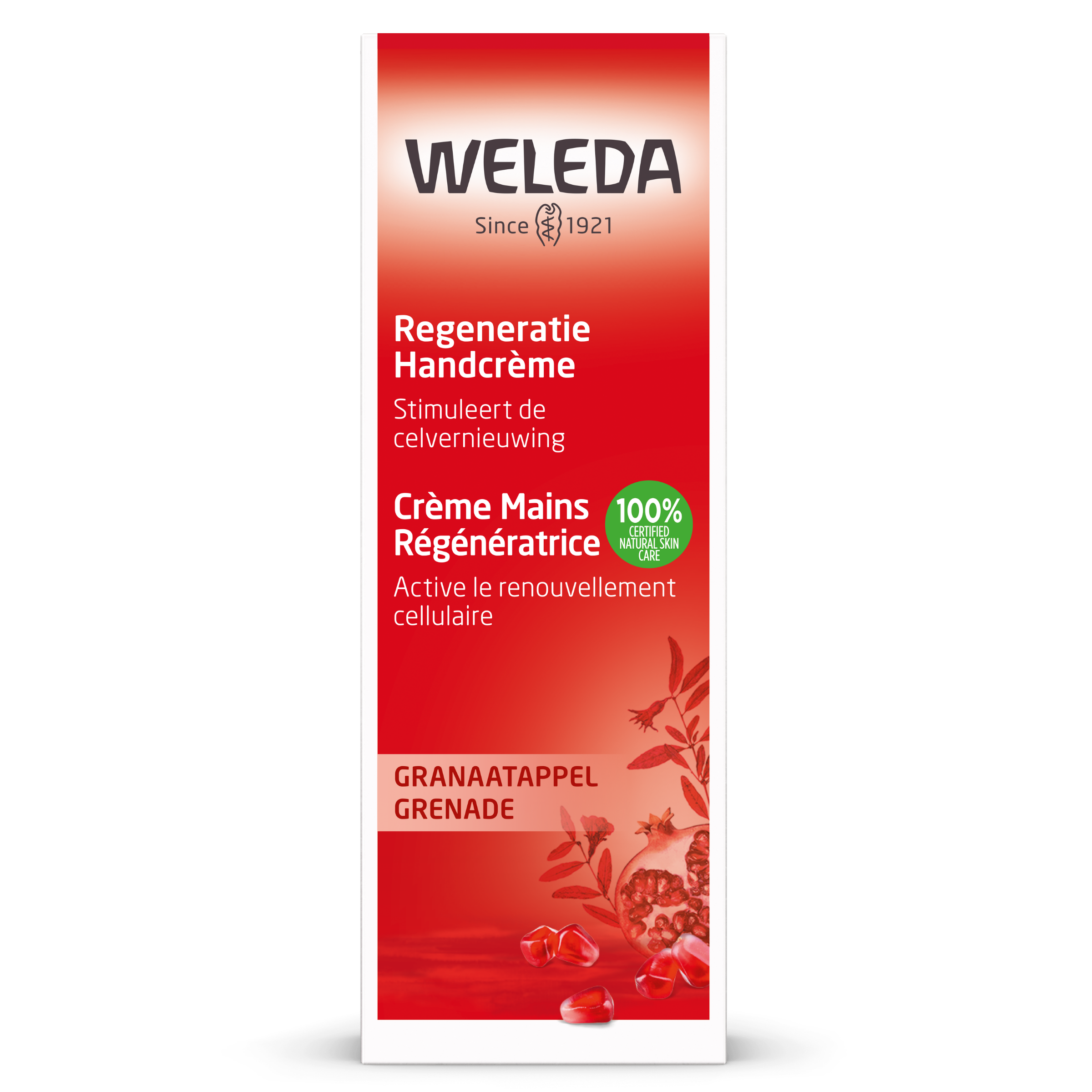 Weleda Pomegranate Hand Cream in 50ml tube, nourishing hand moisturizer for dry and damaged skin.