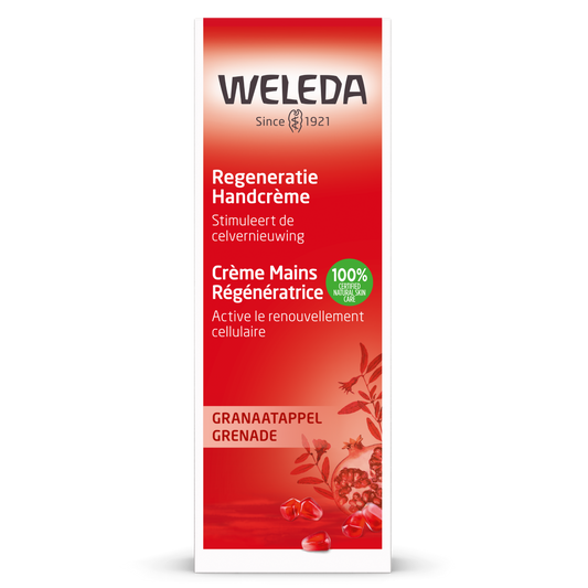 Weleda Pomegranate Hand Cream in 50ml tube, nourishing hand moisturizer for dry and damaged skin.