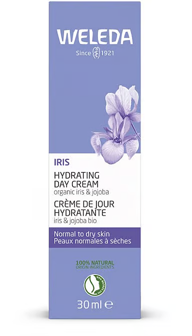 Weleda Iris hydraterende dagcrème in een 30 ml tube, gezichtsverzorging met zijdeachtige textuur voor de huid.