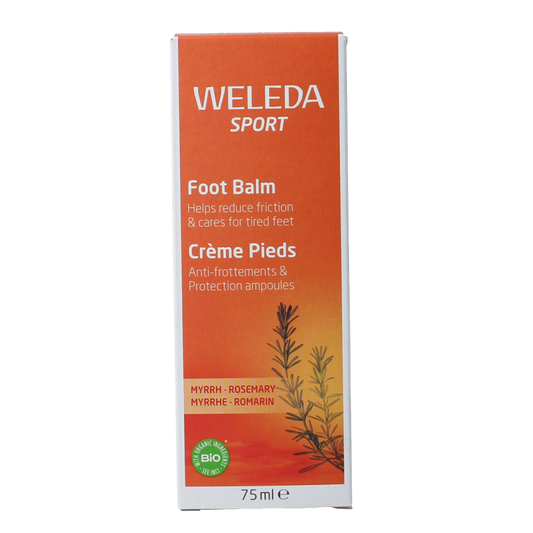 Weleda Voetbalsem Sport 75ml tube, natural foot care balm for tired, dry feet with herbal ingredients.
