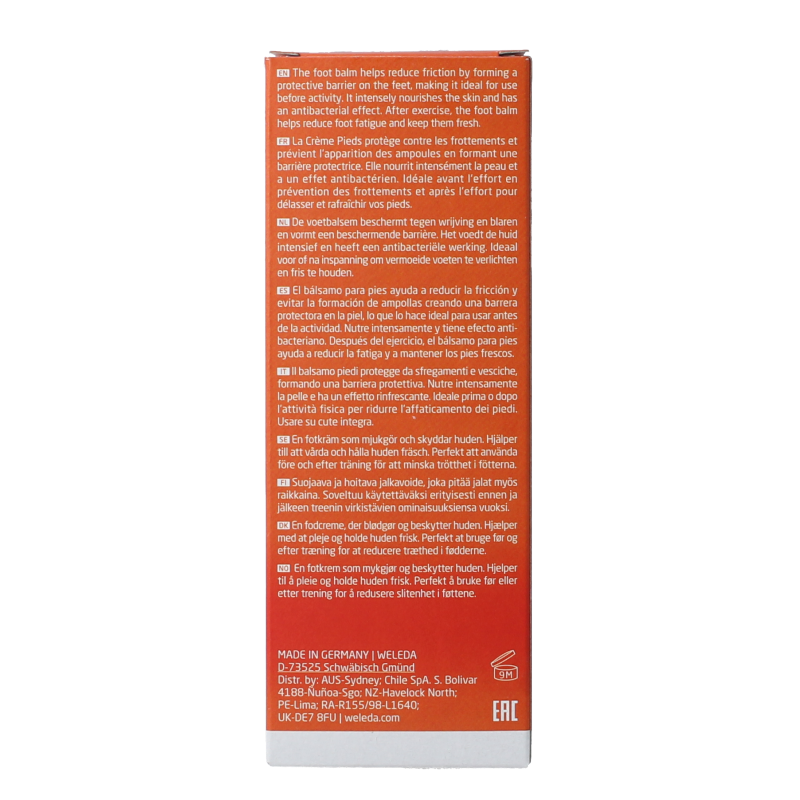 Weleda Sport Foot Balm in 75ml tube, a natural foot care product featuring nourishing ingredients for tired, aching feet.