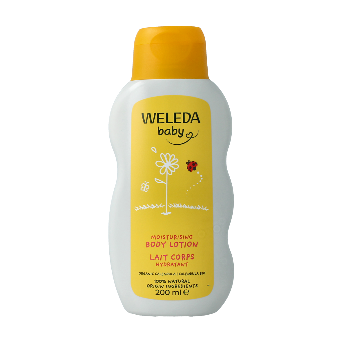 Weleda Calendula baby body lotion in a 200ml bottle, gentle moisturizer for baby and toddler skin.