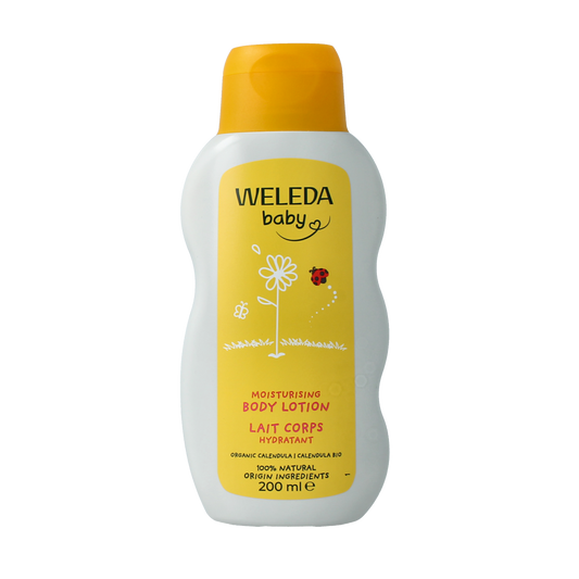Weleda Calendula baby body lotion in a 200ml bottle, gentle moisturizer for baby and toddler skin.