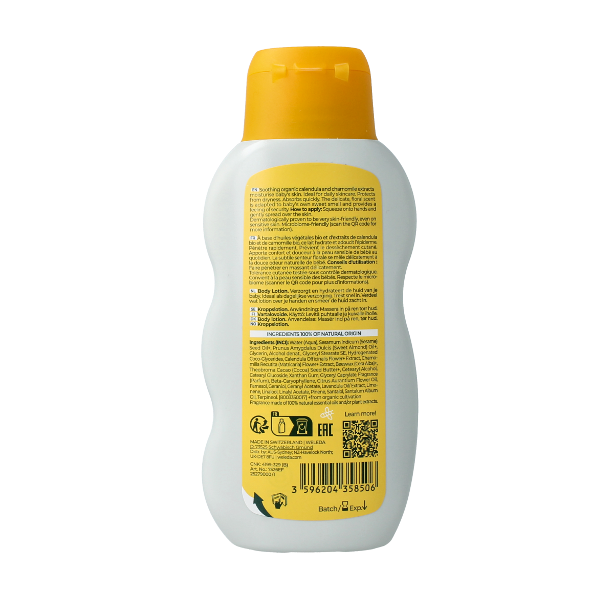 Weleda Calendula baby body lotion in a 200ml bottle, gentle moisturizer for baby's delicate skin