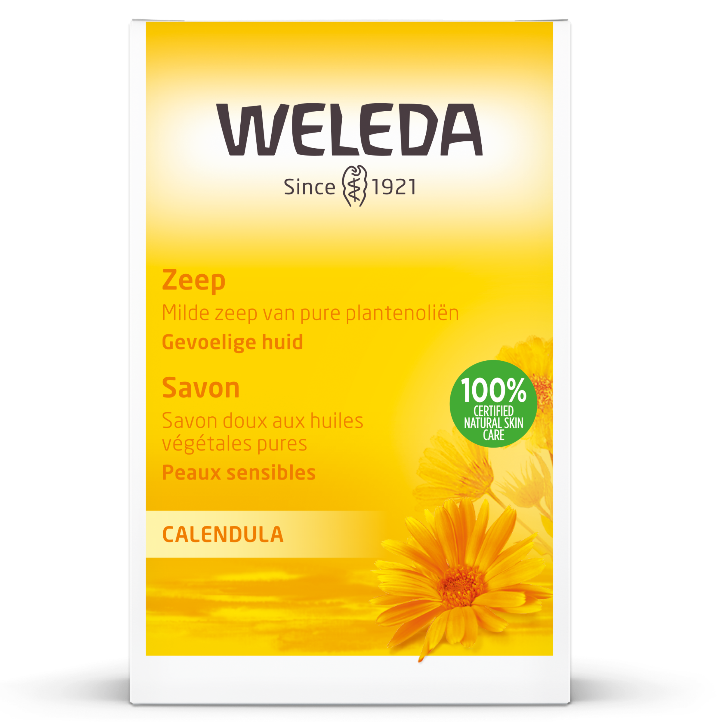 Weleda Calendula Zeep 100g soap bar with natural calendula ingredients, showing the soap's packaging and fresh calendula flowers