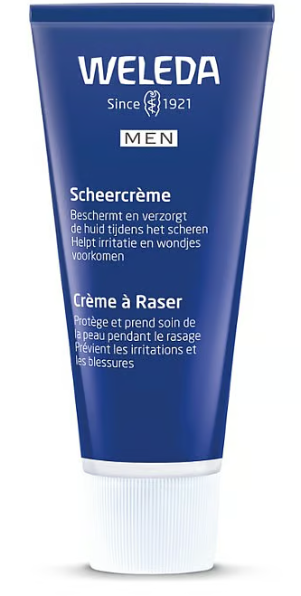 Weleda Men scheercreme in a 75ml tube, designed for shaving and hair removal, with natural ingredients and smooth application