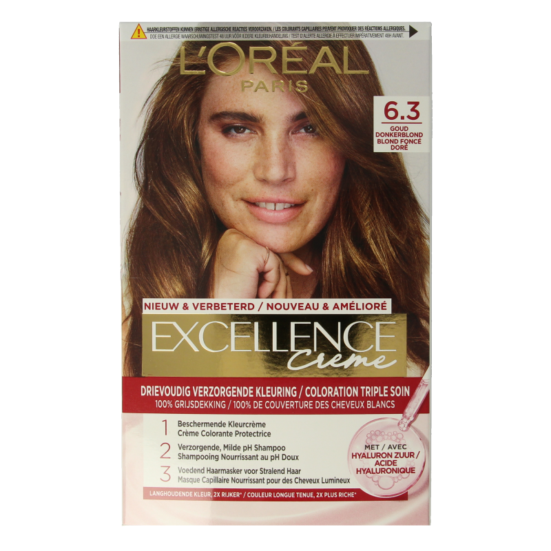 Excellence 6.3 dark blonde hair coloring set with professional-quality hair dye and applicator bottles.