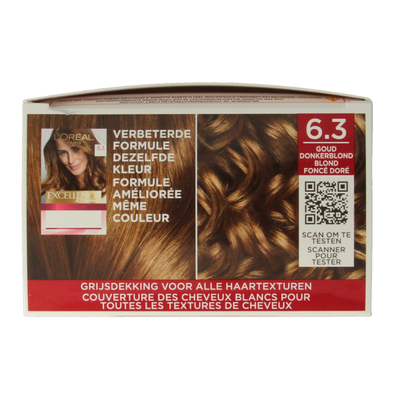 Excellence 6.3 dark blonde hair coloring kit, includes color cream and developer for professional hair dyeing.