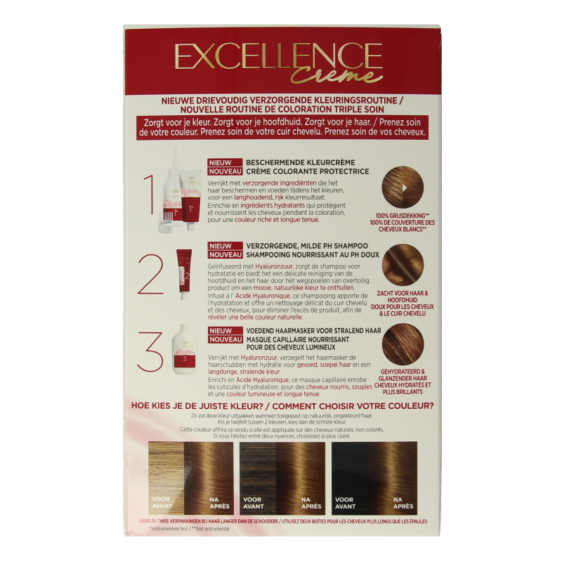 Excellence 6.3 dark blonde hair coloring kit with applicator bottle and gloves for professional hair color application.