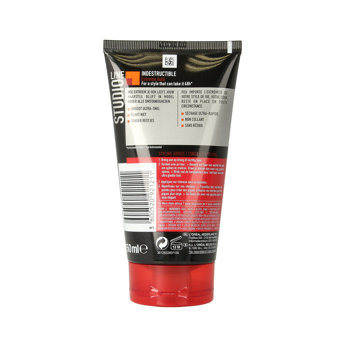 Studio Line indestructible gel in 150ml tube, long-lasting 48-hour hair styling gel for strong hold and durability.