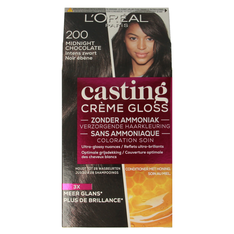Casting Creme Gloss Midnight Chocolate hair coloring kit with creme gloss formula, includes colorant and developer for rich, dark brown hair.