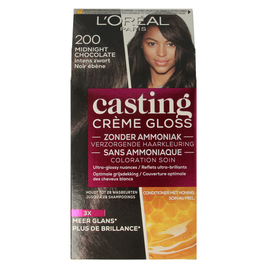 Casting Creme Gloss Midnight Chocolate hair coloring kit with creme gloss formula, includes colorant and developer for rich, dark brown hair.