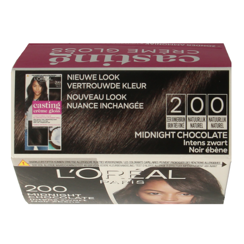 Casting Creme Gloss Midnight Chocolate hair dye in set, featuring dark brown shade for natural-looking, glossy hair color.