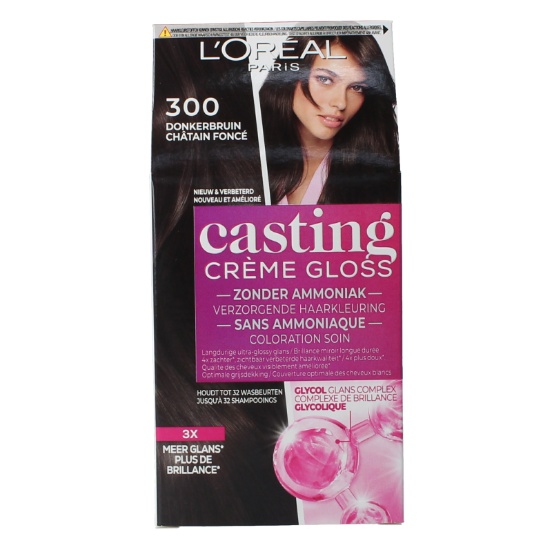 Casting Creme Gloss 300 Dark Delight hair dye in a set, featuring rich, dark brown coloring for vibrant, glossy hair.