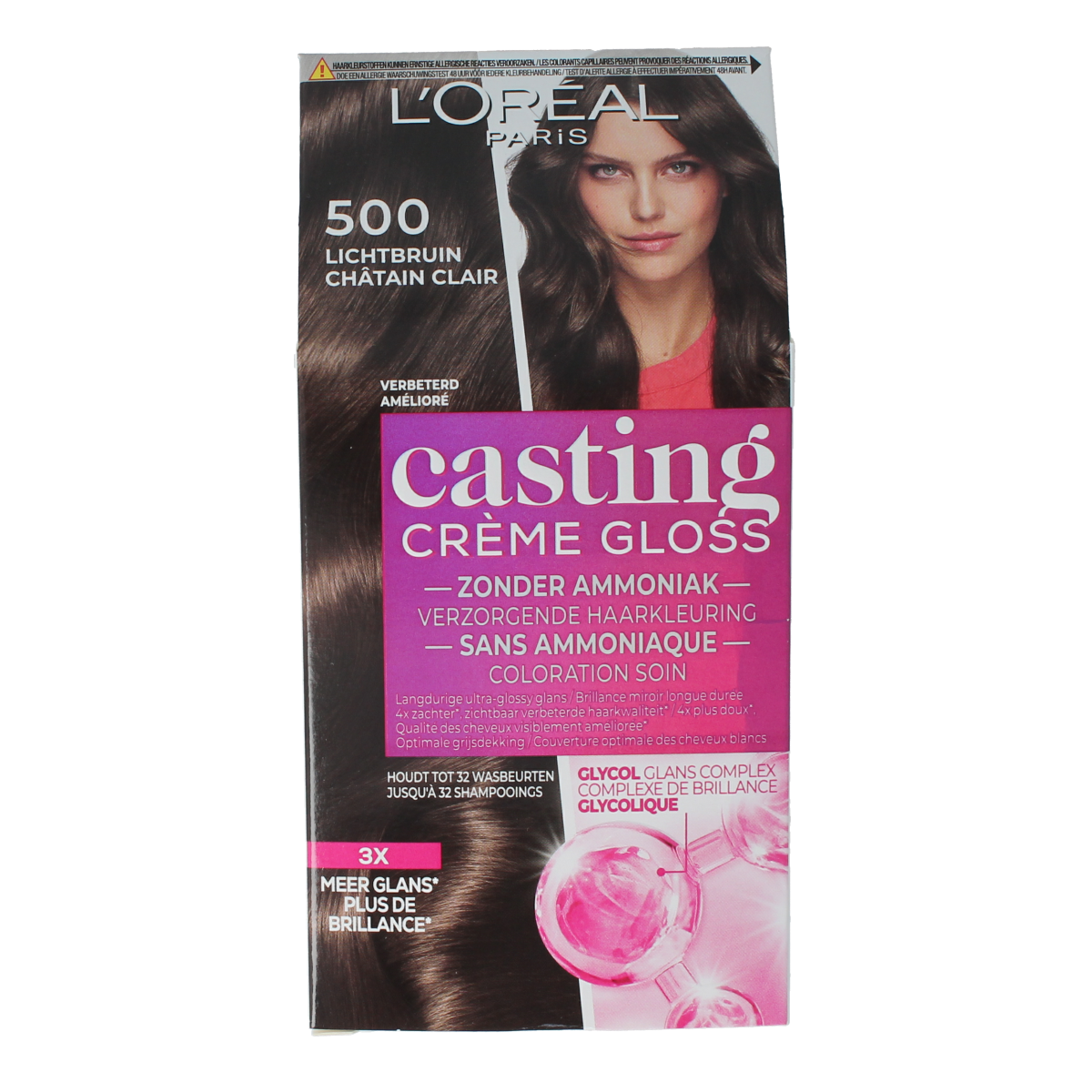 Casting Creme Gloss 500 Cafe Lungo hair coloring set by Casting, featuring a tube and applicator for vibrant, glossy hair.