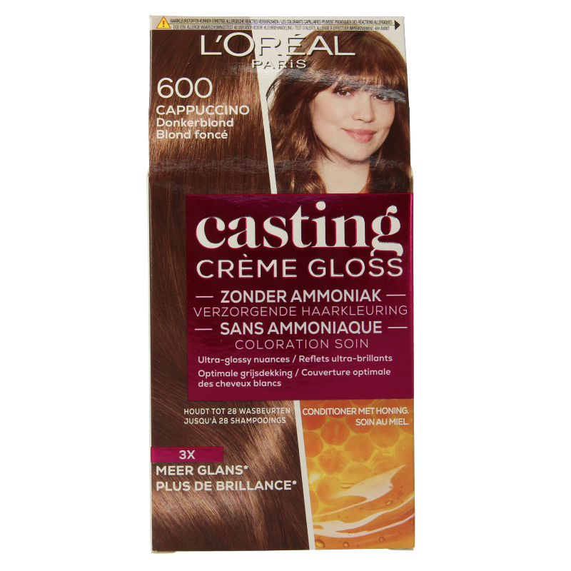 Casting Creme Gloss in Cappuccino shade, featuring a hair coloring set with branding and product packaging visible.