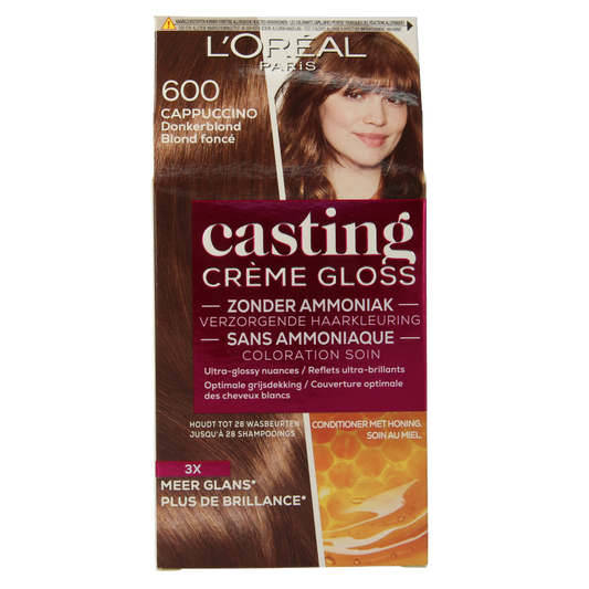 Casting Creme Gloss in Cappuccino shade, featuring a hair coloring set with branding and product packaging visible.