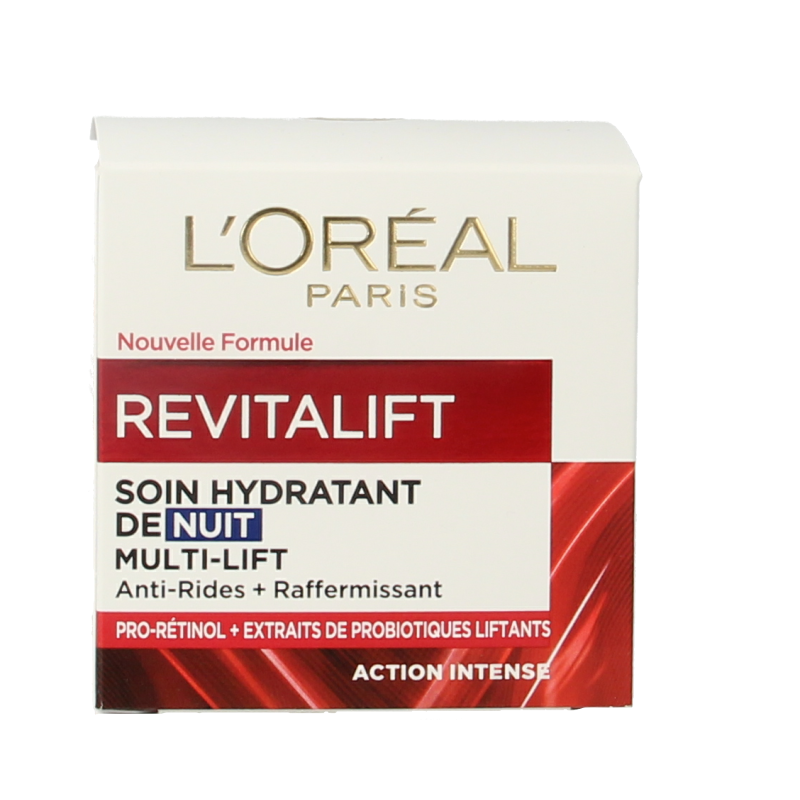 L'Oreal Paris Revitalift night cream in a 50ml jar, facial skincare product with a smooth, creamy texture.