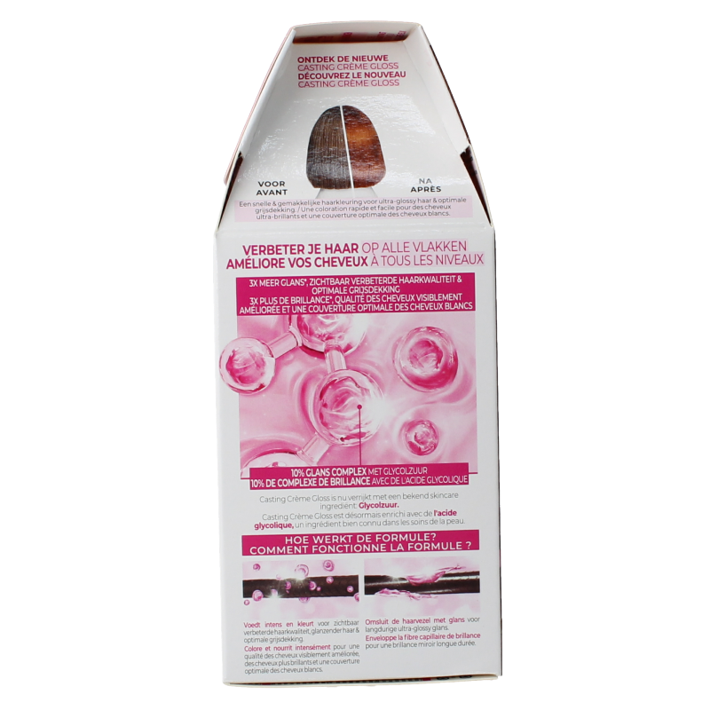 Casting Creme Gloss 734 Honey Crumble hair dye set, natural-looking hair color with nourishing formula, shown in a box and product tube.