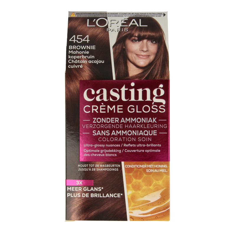 Casting Creme Gloss 454 Brownie hair dye kit from Casting, featuring a box with hair coloring cream and applicator bottle.