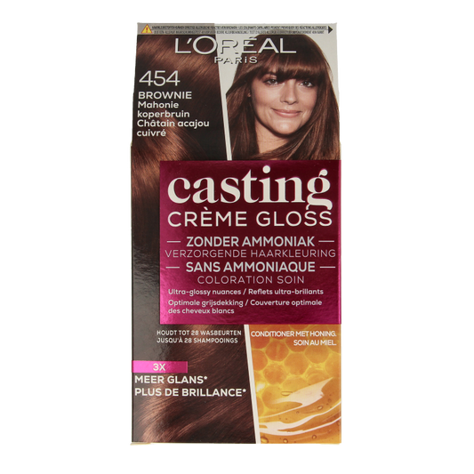 Casting Creme Gloss 454 Brownie hair dye kit from Casting, featuring a box with hair coloring cream and applicator bottle.