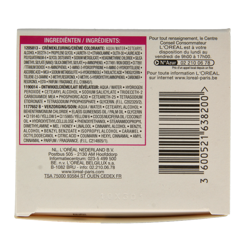 Casting Creme Gloss 454 Brownie hair dye set showing the box and color swatch for natural brown hair coloring.