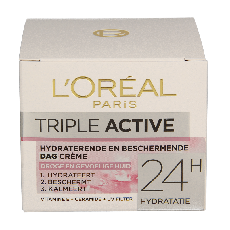 L'Oreal Paris Dermo Expertise Triple Active Day Cream 50ml for facial skincare, shown in the product image.