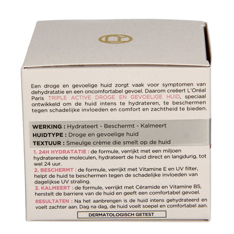 L'Oreal Paris Dermo Expertise Triple Active Day Cream 50ml, facial skincare product in a white jar with blue accents.