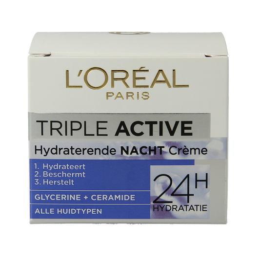 L'Oreal Paris Dermo Expertise Triple Active Nachtcreme in 50ml jar, face skincare product with nourishing cream texture